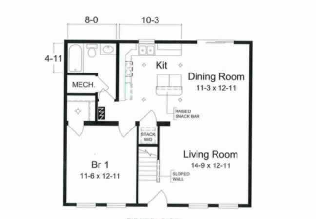 The Bay Cottage Coastal designed modular constructed Cape home is an economical plan designed for future expansion capabilities. This floor plan of 852 square feet has one bedroom and one bath on the first floor.